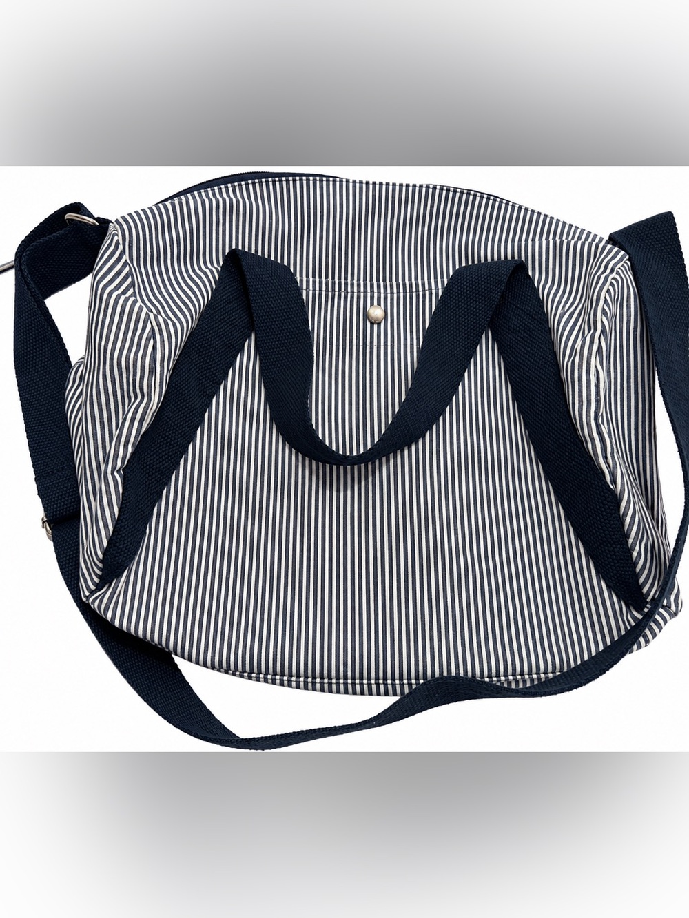 Navy White Striped Cotton Weekender Tote Adjustable Shoulder Bag